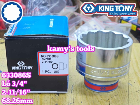 Đầu tuýp hệ inch 12 cạnh 3/4 inch Kingtony cỡ 2-11/16 inch tương đương 68mm 633086S