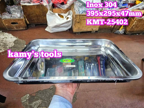 Khay inox hình chữ Nhật inox 304 đựng dụng cụ đồ nghề thực phẩm thức ăn 395xx295x47mm Kamytools KMT-25402