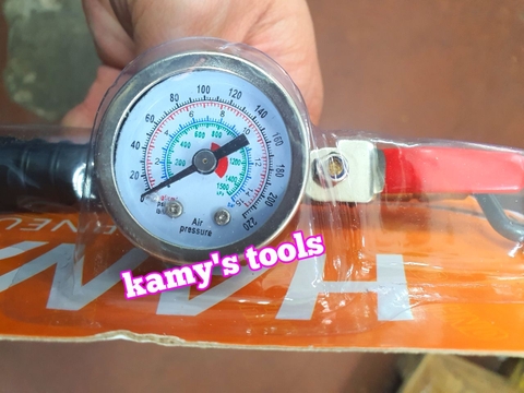 Tay bơm lốp xe ô tô, xe tải, xe máy có đồng hồ đầu cong và tay bơm lốp xe xoáy ti van quay kim vòi có đồng hồ loại thẳng