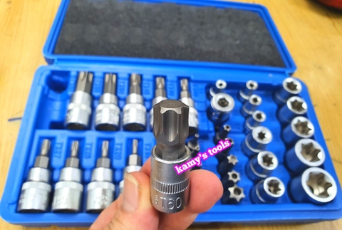 Bộ tuýp khẩu E và tuýp vít sao hoa thị T có lỗ 1/4 inch 3/8 inch 34 chi tiết cao cấp Tifone