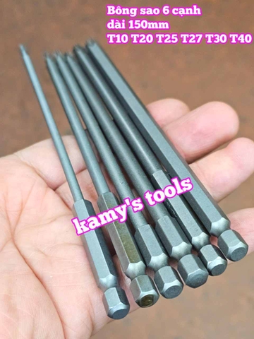 Mũi bắn siết vít bông sao 6 cạnh đuôi lục giác 1/4 inch dài 150mm thép S2 cỡ T10 T15 T20 T25 T27 T30 T40