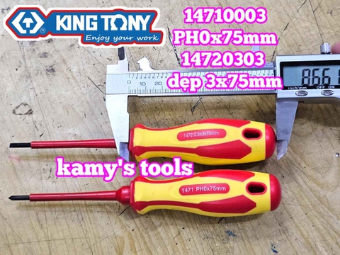 Tua vít cách điện VDE 1000V dẹp 3mm bake PH0 dài 75mm (3x75mm, PH0x75mm) Kingtony 14720303 14710003