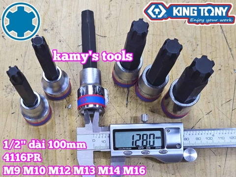 Bộ đầu tuýp lú đầu sao M lớn vuông 1/2 inch dài 100mm Kingtony 4116PR 6 chi tiết M9 M10 M12 M13 M14 M16