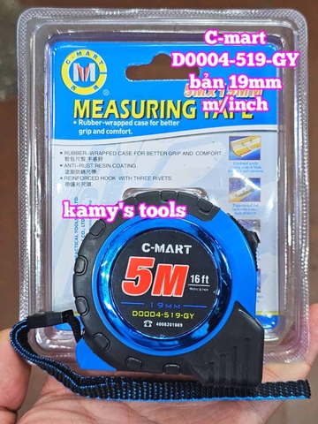 Thước cuộn 5m 16ft bản 19mm C-Mart model D0004-519-GY bọc nhựa chống va đập, thước kéo 5 mét