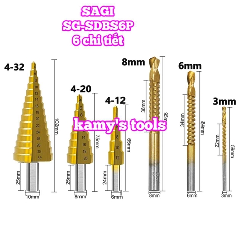 Mũi khoan tháp tầng đa năng chuôi lục giác 6 chi tiết Sagi SG-SDBS6P