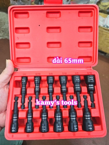 Bộ đầu vít bắn tôn đầu bắn bulong nam châm hệ mét inch 8mm 10mm 11mm 12mm 13m 14mm và 1/4 5/16 3/8 7/16 1/2 9/16 dài 65mm