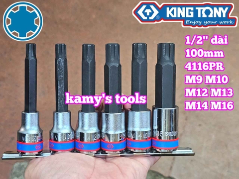 Bộ đầu tuýp lú đầu sao M lớn vuông 1/2 inch dài 100mm Kingtony 4116PR 6 chi tiết M9 M10 M12 M13 M14 M16