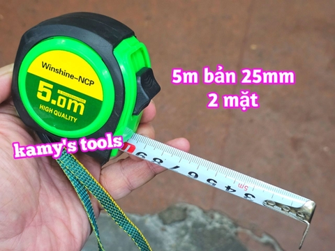 Thước Rút 5m Bản 25mm Winshine NCP Xanh Đen 2 hệ mét inch có lỗ bang, Thước cuộn 5m, Thước Kéo 5m