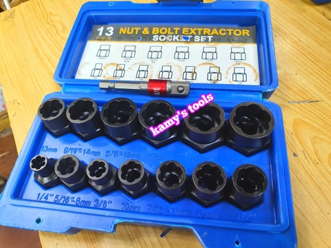 Bộ tuýp tháo mở ốc vít hư gãy bulong bị biến dạng tuôn răng toét đầu 14 chi tiết 1/4-3/4 (6.35mm-19mm)