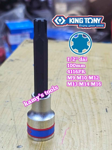 Bộ đầu tuýp lú đầu sao M lớn vuông 1/2 inch dài 100mm Kingtony 4116PR 6 chi tiết M9 M10 M12 M13 M14 M16