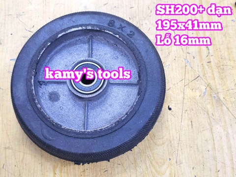 Bánh xe cao su đặc Sanho 200mm kèm bạc đạn 6203RS lỗ 16mm 195x41mm Kamytools