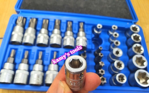 Bộ tuýp khẩu E và tuýp vít sao hoa thị T có lỗ 1/4 inch 3/8 inch 34 chi tiết cao cấp Tifone