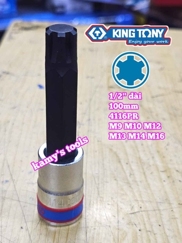 Bộ đầu tuýp lú đầu sao M lớn vuông 1/2 inch dài 100mm Kingtony 4116PR 6 chi tiết M9 M10 M12 M13 M14 M16