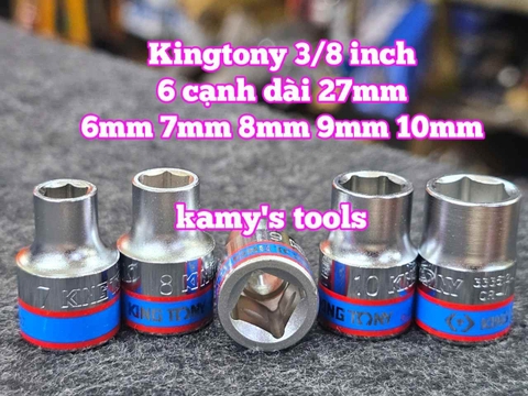 Đầu tuýp trắng 6 cạnh 3/8 inch dài 27mm Kingtony 6mm 7mm 8mm 9mm 10mm 333506M 333507M 333508M 333509M 333510M