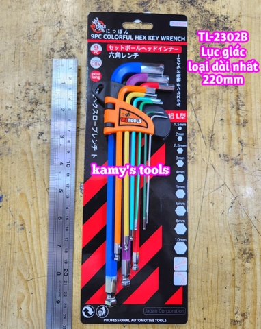 Bộ lục giác bi MÀU thép S2 Wetools 9 chi tiết 1.5-10mm TL-2302B loại dài nhất 220mm