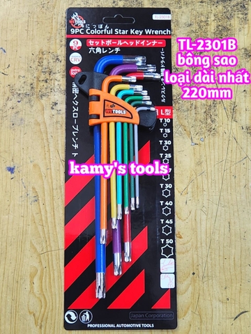 Bộ lục giác bông sao hoa thị MÀU thép S2 Wetools 9 chi tiết T10-T50 TL-2301B loại dài nhất 220mm