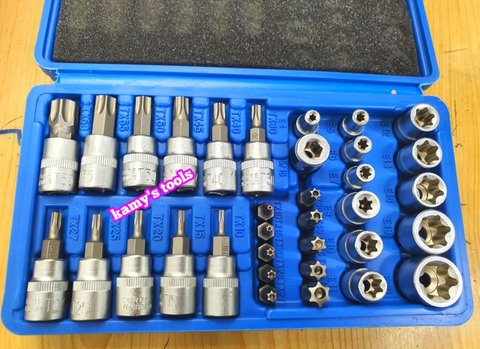 Bộ tuýp khẩu E và tuýp vít sao hoa thị T có lỗ 1/4 inch 3/8 inch 34 chi tiết cao cấp Tifone