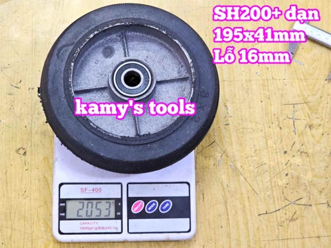 Bánh xe cao su đặc Sanho 200mm kèm bạc đạn 6203RS lỗ 16mm 195x41mm Kamytools