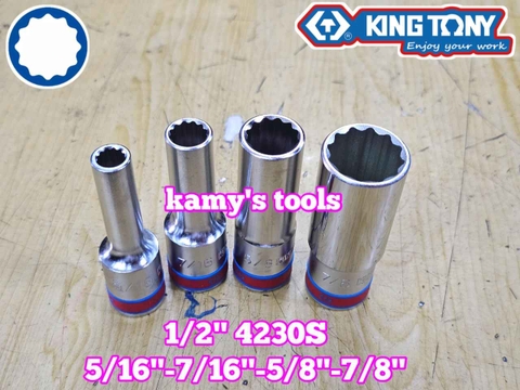 Đầu tuýp 1/2 inch hệ inch trắng dài 12 cạnh Kingtony 5/16 7/16 5/8 7/8 inch 423010S 423014S 423020S 423028S