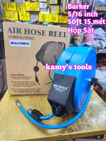 Cuộn ống dây hơi treo tự rút hộp sắt Barker áp suất 9m và 15m HR-830A