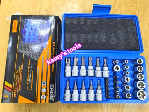 Bộ tuýp khẩu E và tuýp vít sao hoa thị T có lỗ 1/4 inch 3/8 inch 34 chi tiết cao cấp Tifone