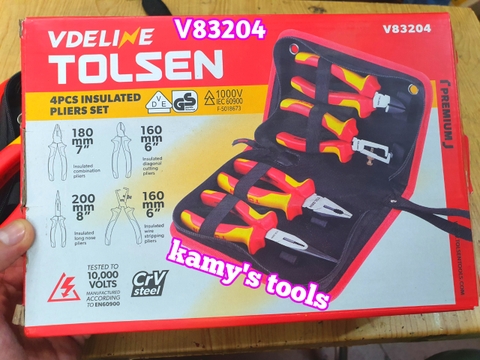 Bộ 4 kìm cách điện 1000V Tolsen V83204 kìm điện, cắt, nhọn, tuốt dây