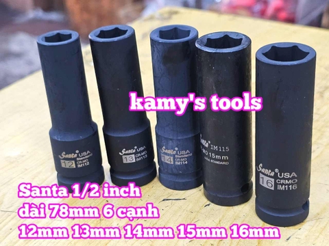 Đầu tuýp khẩu 1/2 inch đen dài lục giác 6 cạnh 78mm Santa 12mm 13mm 14mm 15mm 16mm IM112 IM113 IM114 IM115 IM116