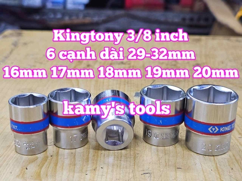 Đầu tuýp trắng 6 cạnh 3/8 inch dài 27mm Kingtony 16mm 17mm 18mm 19mm 20mm 333516M 333517M 333518M 333519M 333520M