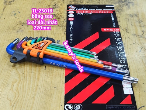 Bộ lục giác bông sao hoa thị MÀU thép S2 Wetools 9 chi tiết T10-T50 TL-2301B loại dài nhất 220mm