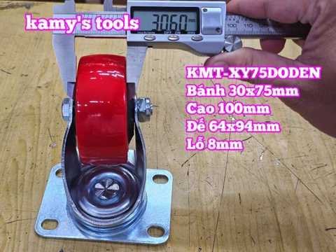 Bánh xe càng xoay PU đỏ đen 75mm 30x75mm cao 100mm Kamytools KMT-XY75DODEN