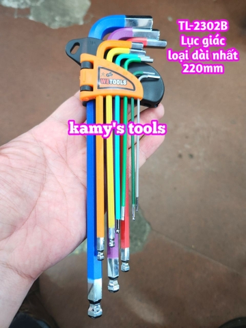Bộ lục giác bi MÀU thép S2 Wetools 9 chi tiết 1.5-10mm TL-2302B loại dài nhất 220mm