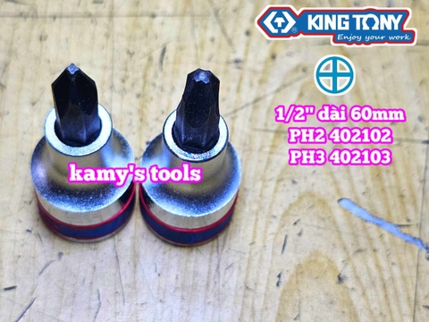 Đầu tuýp 1/2 inch lú đầu mũi vit bake 4 cạnh Kingtony PH2 402102 và PH3 402103