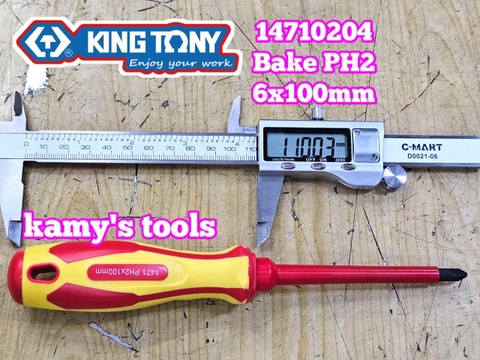 Tua vít cách điện VDE 1000V bake PH2 6mm dài 100mm (6x100mm) Kingtony 14710204