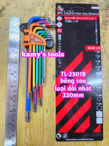 Bộ lục giác bông sao hoa thị MÀU thép S2 Wetools 9 chi tiết T10-T50 TL-2301B loại dài nhất 220mm