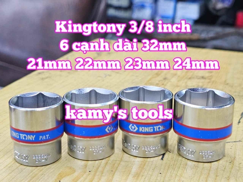 Đầu tuýp trắng 6 cạnh 3/8 inch dài 27mm Kingtony 21mm 22mm 23mm 24mm 333521M 333522M 333524M 333524M