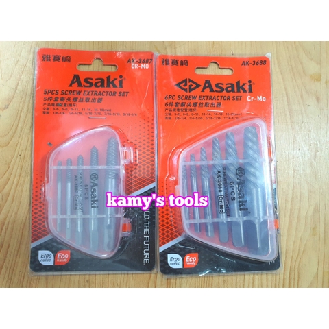 Bộ mũi ren tháo mở bu lông, ốc vít gãy ASAKI model AK-3687 và AK-3688, bộ ta rô lấy ốc gãy
