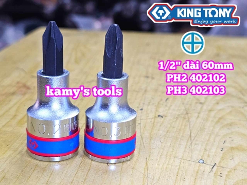 Đầu tuýp 1/2 inch lú đầu mũi vit bake 4 cạnh Kingtony PH2 402102 và PH3 402103