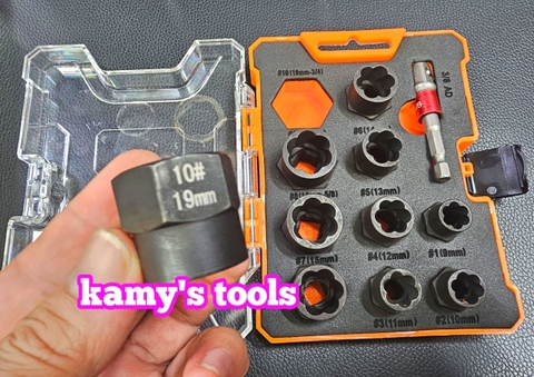 9mm-19mm Bộ tuýp tháo mở ốc vít hư gãy bulong bị biến dạng tuôn răng toét đầu 11 chi tiết kamytools