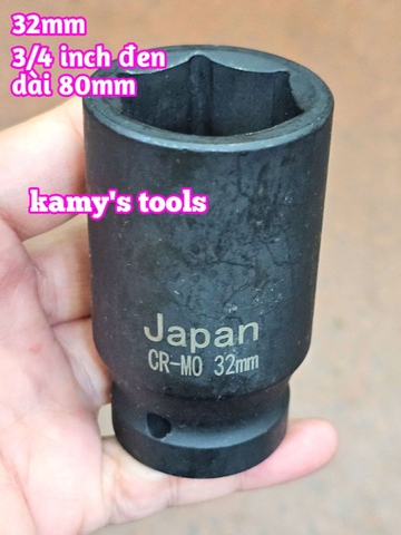 Đầu tuýp 3/4 inch đen dài 80mm lục giác 6 cạnh Kamytools thép Cr-mo 16mm-46mm