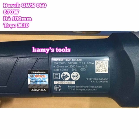 Máy mài góc Bosch GWS 060 đá 100mm trục M10 công suất 670W