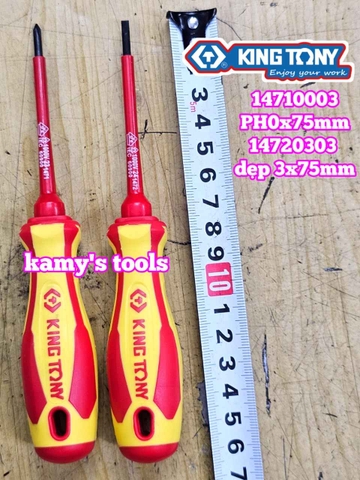 Tua vít cách điện VDE 1000V dẹp 3mm bake PH0 dài 75mm (3x75mm, PH0x75mm) Kingtony 14720303 14710003