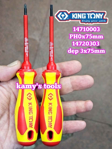 Tua vít cách điện VDE 1000V dẹp 3mm bake PH0 dài 75mm (3x75mm, PH0x75mm) Kingtony 14720303 14710003