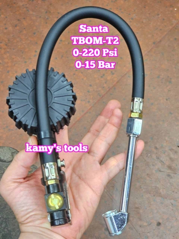 Tay bơm lốp có đồng hồ đo áp suất xe ô tô dạng thẳng Santa TBOM-T2, vòi bơm lốp đầu xe máy ô tô xe tải