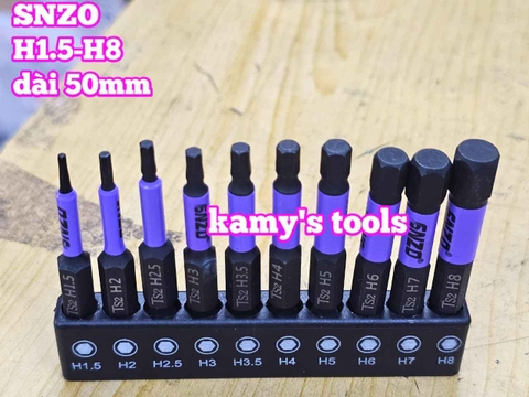 Mũi vít lục giác 6 cạnh đuôi lục giác 1/4 inch SNZO dài 50mm 10 chi tiết H1.5-H8 thép đen S2 HH-5010
