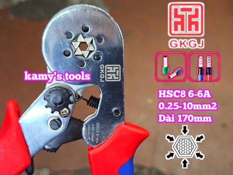 Kìm bấm cos pin tròn rỗng lục giác 0.25-10mm2 dài 170mm GKGJ HSC8 6-6A