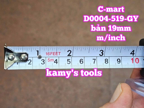 Thước cuộn 5m 16ft bản 19mm C-Mart model D0004-519-GY bọc nhựa chống va đập, thước kéo 5 mét