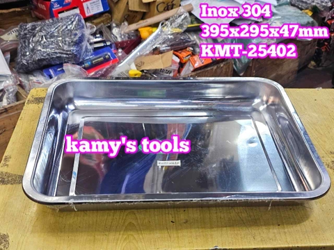 Khay inox hình chữ Nhật inox 304 đựng dụng cụ đồ nghề thực phẩm thức ăn 395xx295x47mm Kamytools KMT-25402