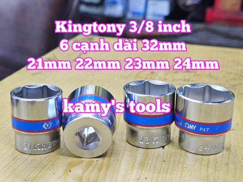 Đầu tuýp trắng 6 cạnh 3/8 inch dài 27mm Kingtony 21mm 22mm 23mm 24mm 333521M 333522M 333524M 333524M