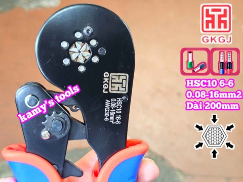 Kìm bấm cos pin tròn rỗng lục giác 0.08-16mm2 dài 200mm GKGJ HSC10 16-6