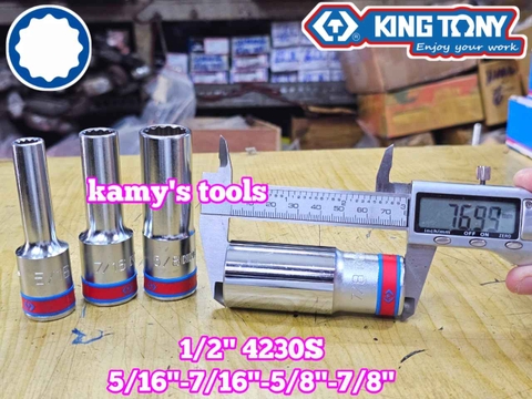 Đầu tuýp 1/2 inch hệ inch trắng dài 12 cạnh Kingtony 5/16 7/16 5/8 7/8 inch 423010S 423014S 423020S 423028S
